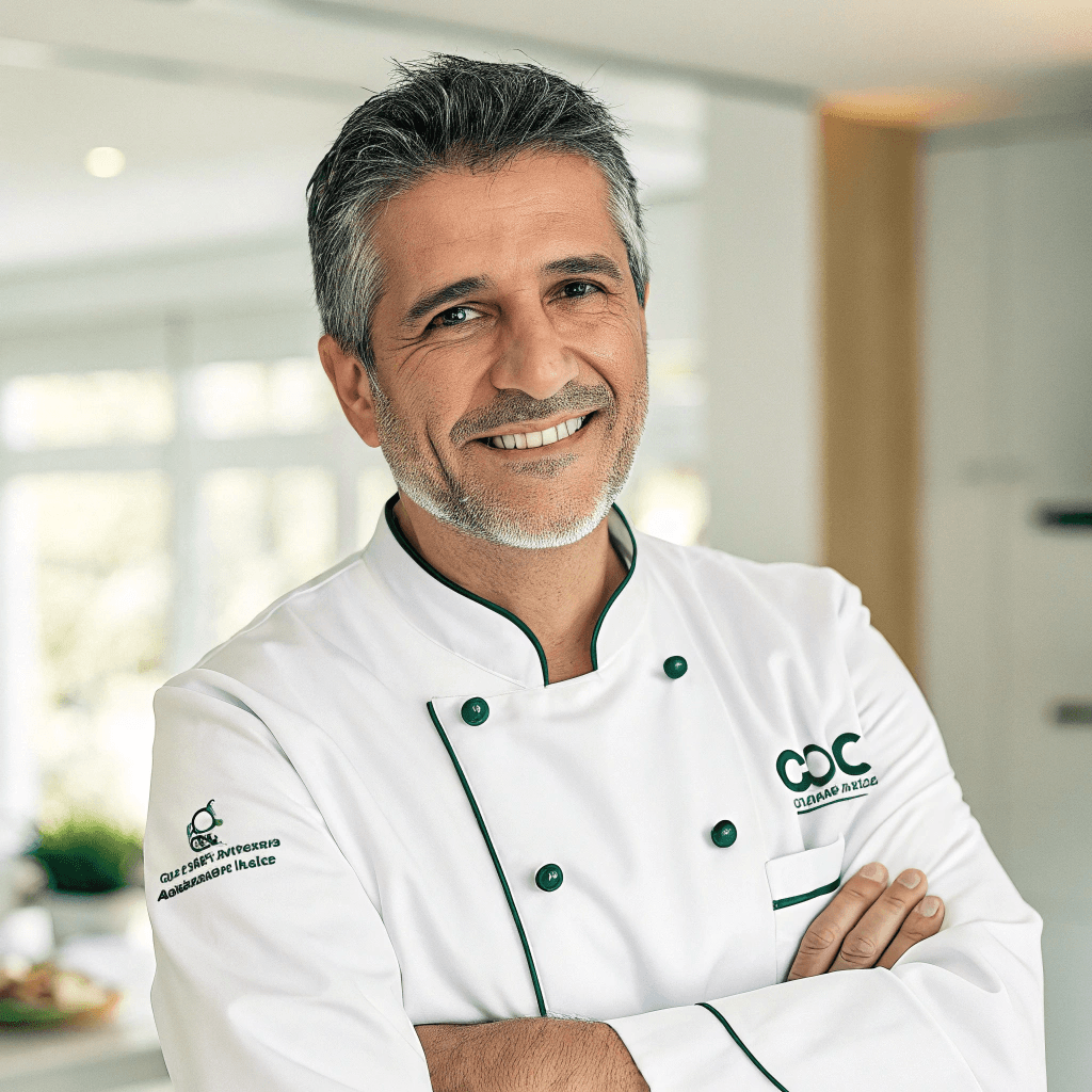 Smiling male chef in a white uniform with green trim, arms crossed, standing in a modern kitchen