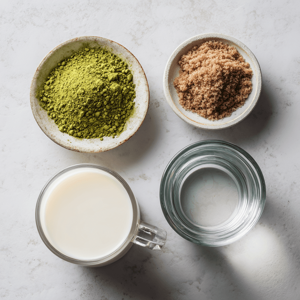 Brown Sugar Matcha Latte Recipe: Smooth, Rich & Surprisingly Easy 7 Brown sugar matcha latte ingredients flat lay