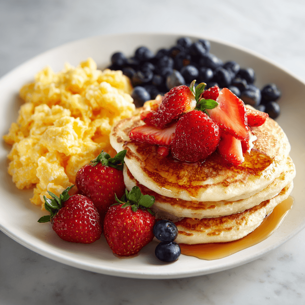 Close-up of a classic American breakfast with scrambled eggs, fluffy pancakes topped with strawberries, and fresh blueberries on a white plate