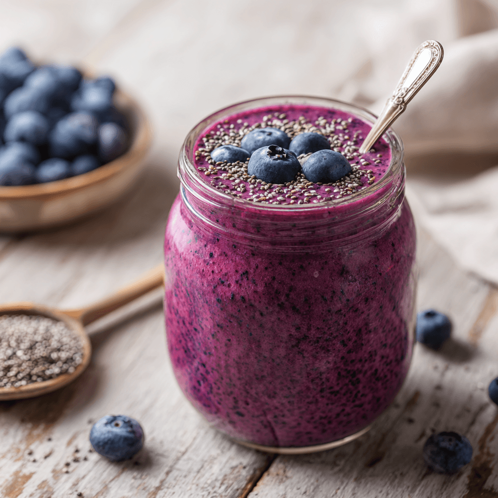 Blueberry Chia Seed Smoothie – A Simple, Nourishing Way to Start Your Day 7 Blueberry chia seed smoothie in glass jar on rustic table