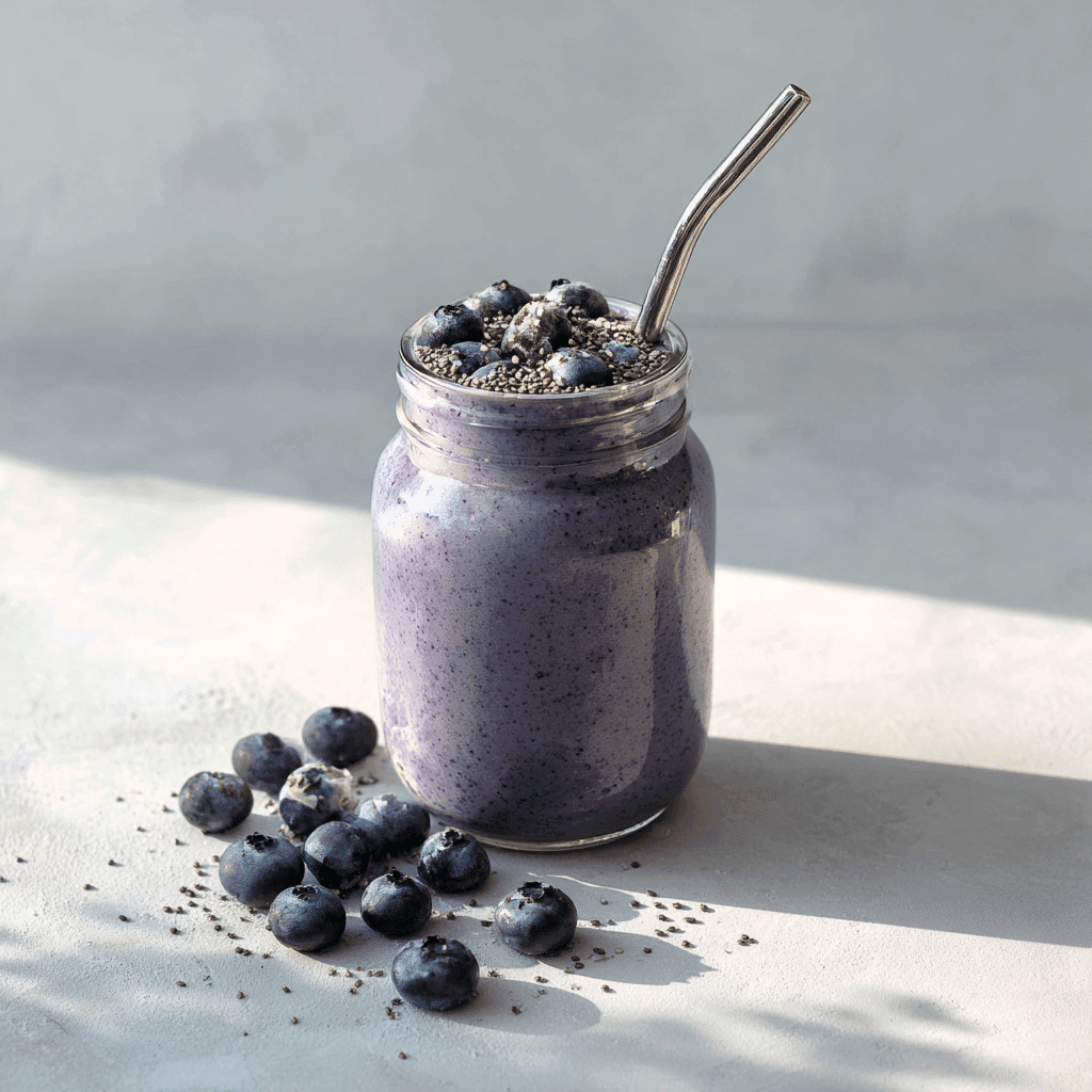 Blueberry Chia Seed Smoothie – A Simple, Nourishing Way to Start Your Day 6 Finished blueberry chia seed smoothie in a glass jar with chia topping