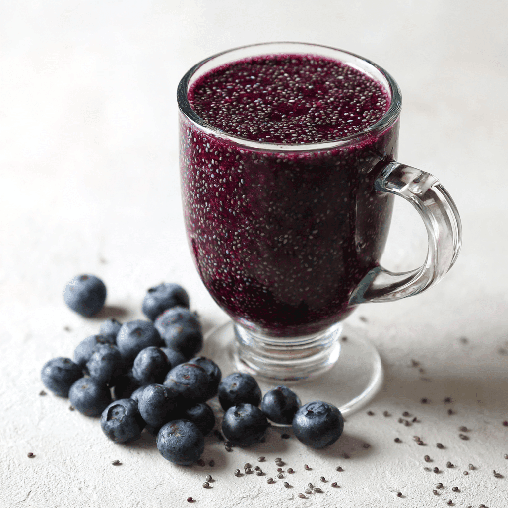 Blueberry Chia Seed Smoothie – A Simple, Nourishing Way to Start Your Day 1 Blueberry chia seed smoothie in a clear glass mug with fresh blueberries