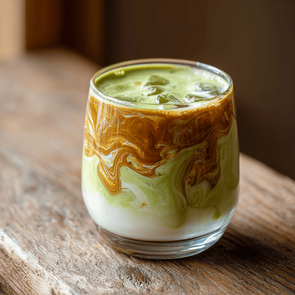 Brown Sugar Matcha Latte Recipe: Smooth, Rich & Surprisingly Easy 6 Layered iced brown sugar matcha latte in a clear glass with milk, matcha, and caramel swirls
