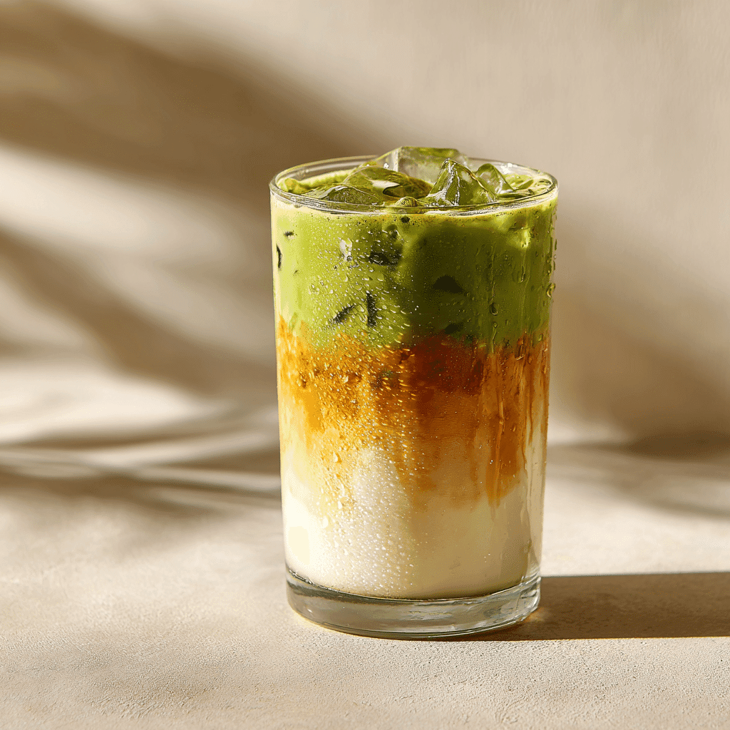 Caramel Matcha Latte: Easy, Creamy Recipe You Can Make at Home 6 Iced caramel matcha latte in a glass with layered milk, caramel, and matcha topped with ice