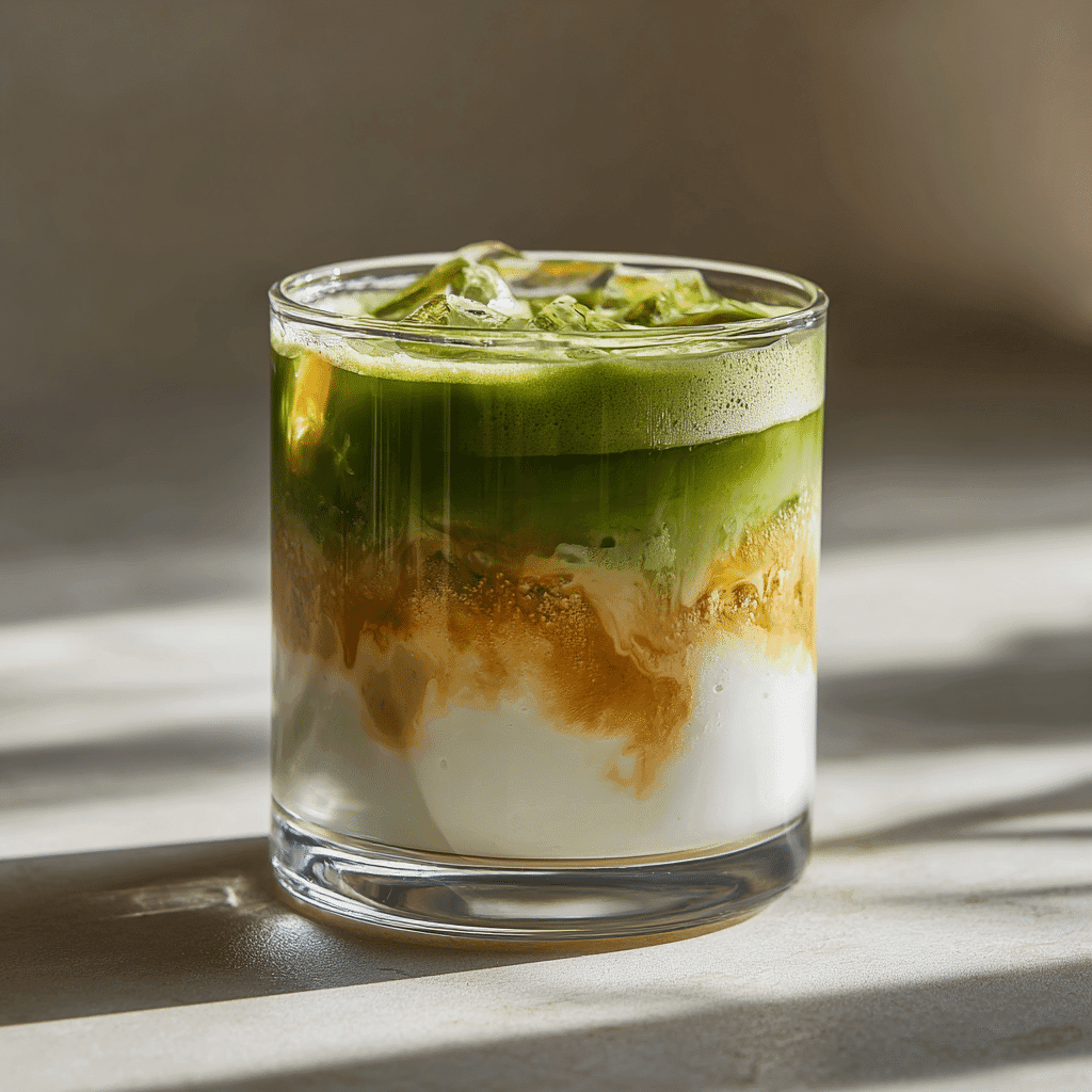 Caramel matcha latte in glass with caramel layers