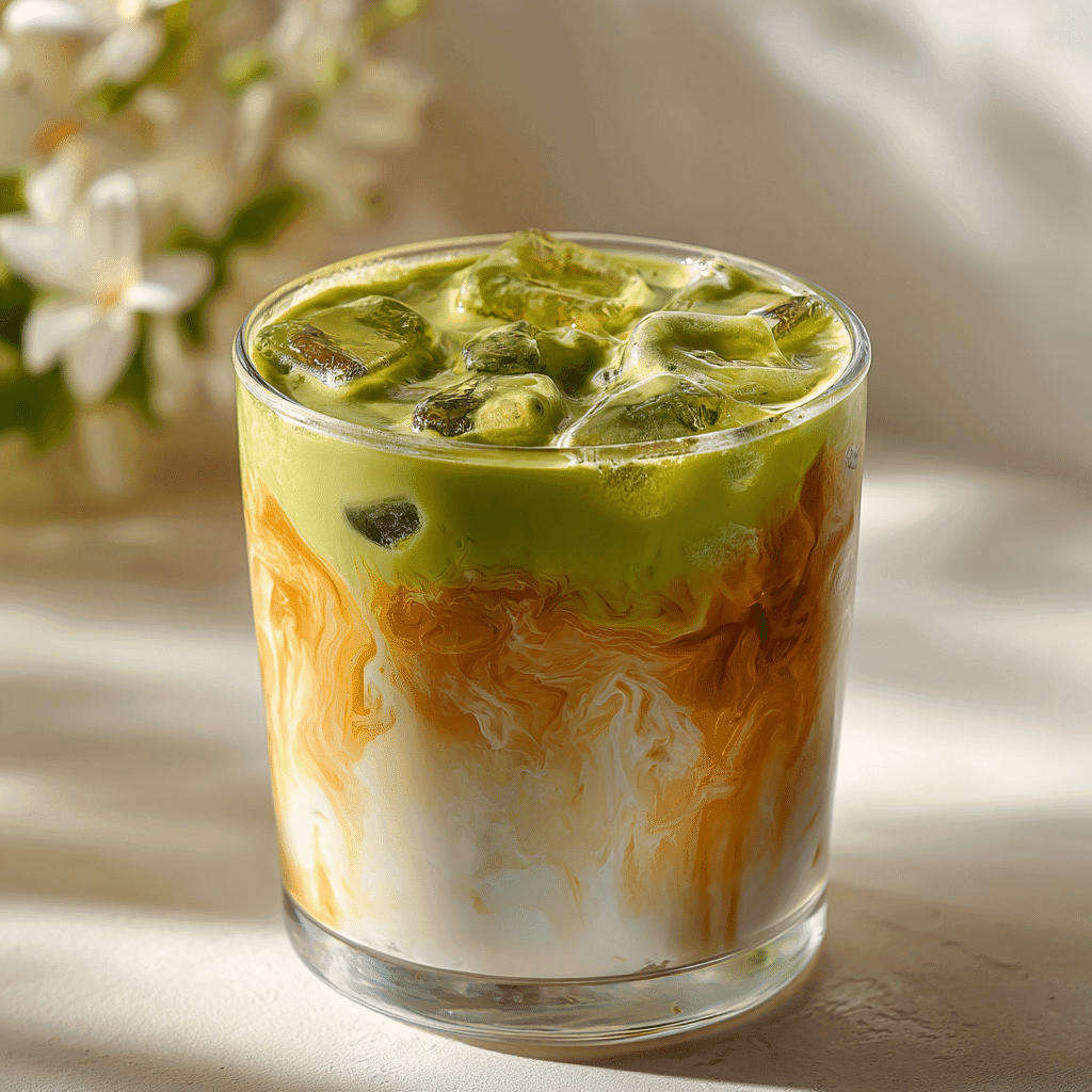 Caramel Matcha Latte: Easy, Creamy Recipe You Can Make at Home 1 caramel matcha latte in a clear glass with layered milk, caramel, and matcha