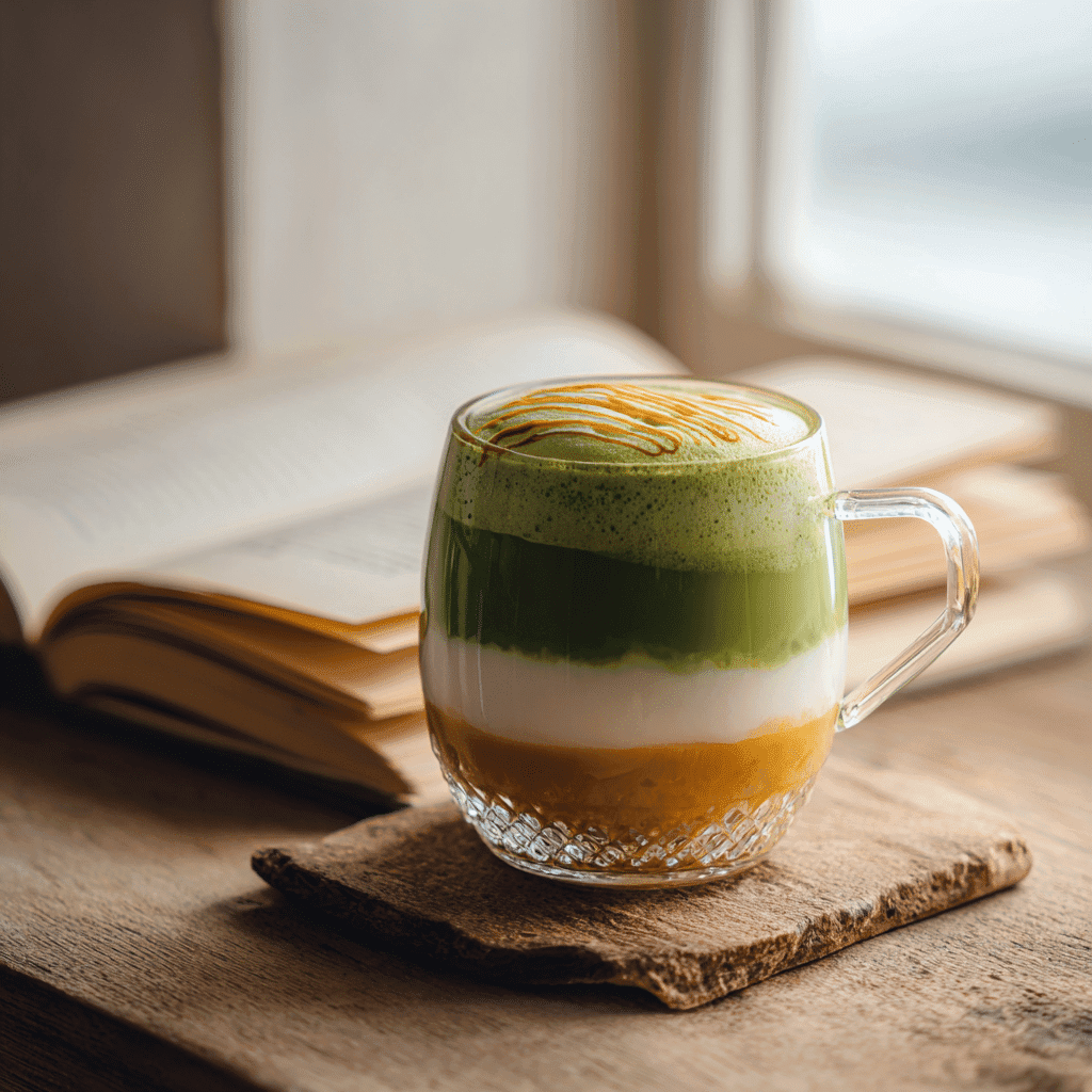 Caramel Matcha Latte: Easy, Creamy Recipe You Can Make at Home 7 Glass cup of caramel matcha latte beside a book