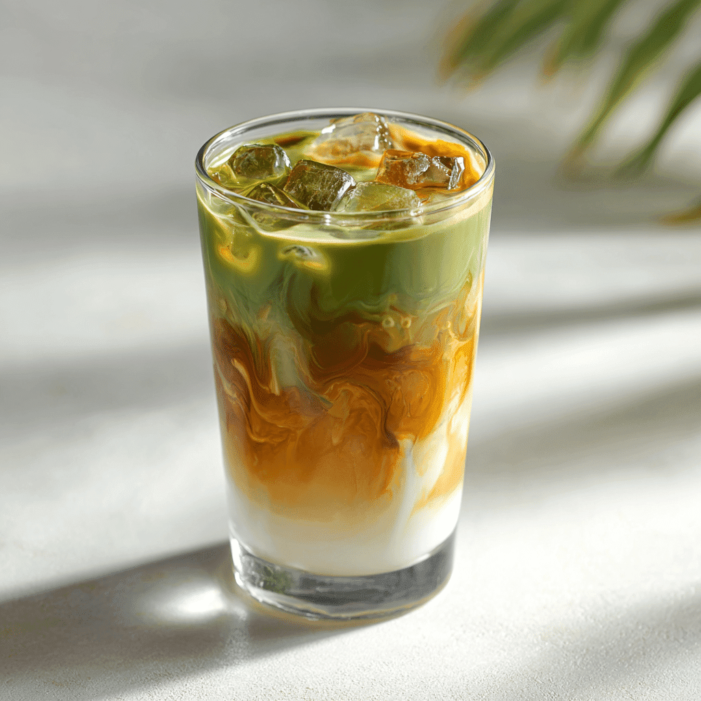 Caramel Matcha Latte: Easy, Creamy Recipe You Can Make at Home 5 Layered iced caramel matcha latte in a glass with milk, caramel, and matcha