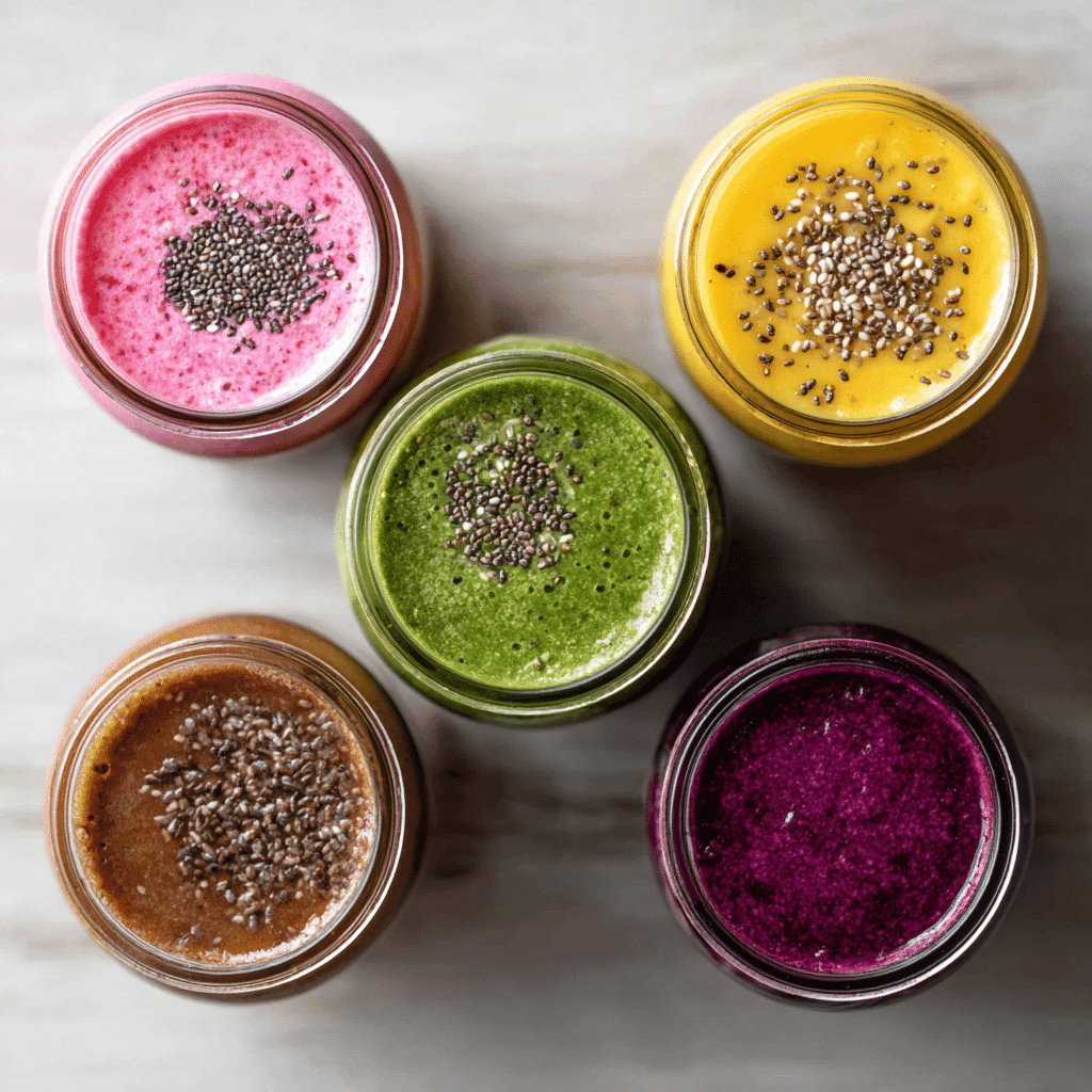 Chia Seed Smoothie for Weight Loss That Actually Works 8 Five flavored chia smoothies in jars on clean background
