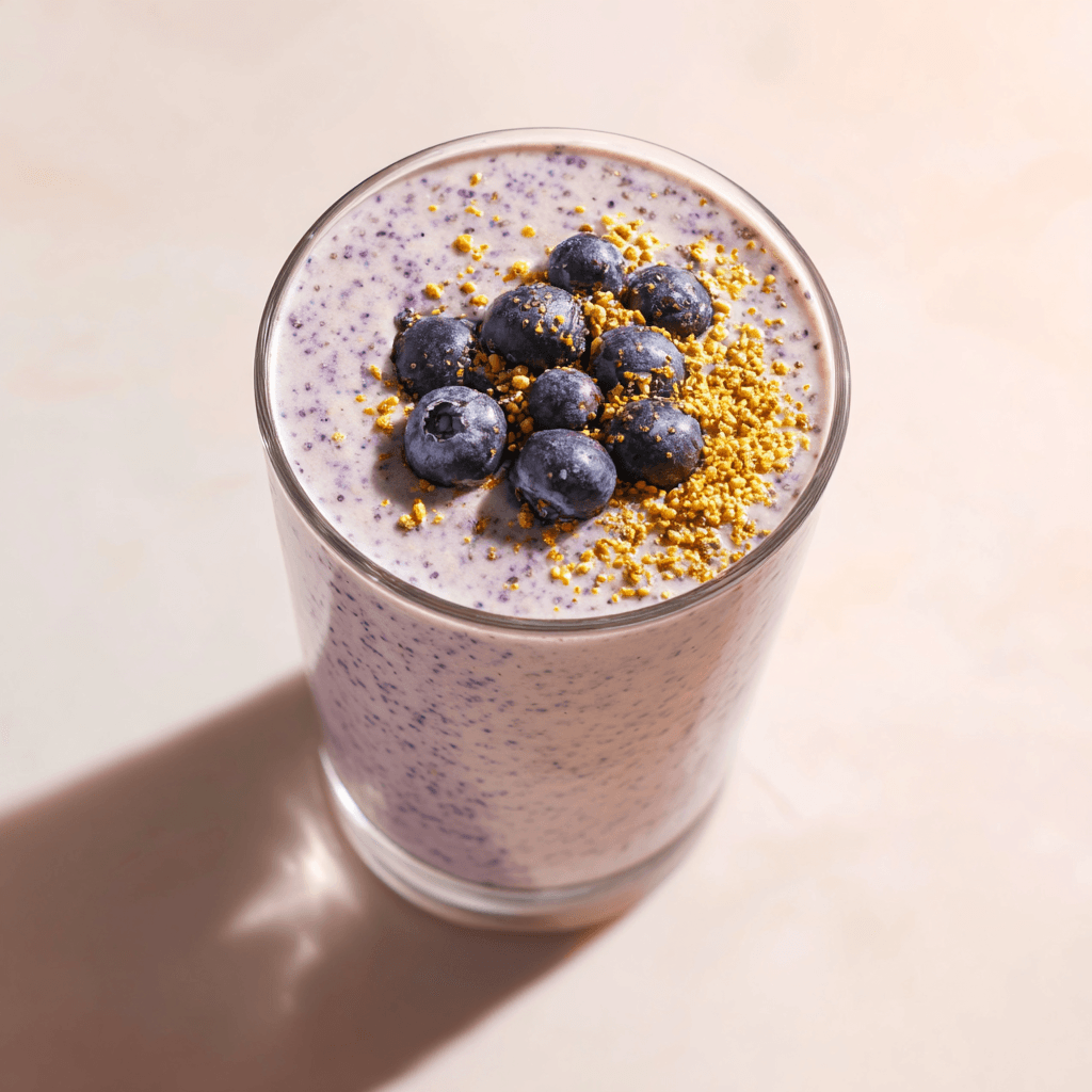 Chia Seed Smoothie for Weight Loss That Actually Works 1 Creamy chia seed smoothie topped with blueberries and bee pollen
