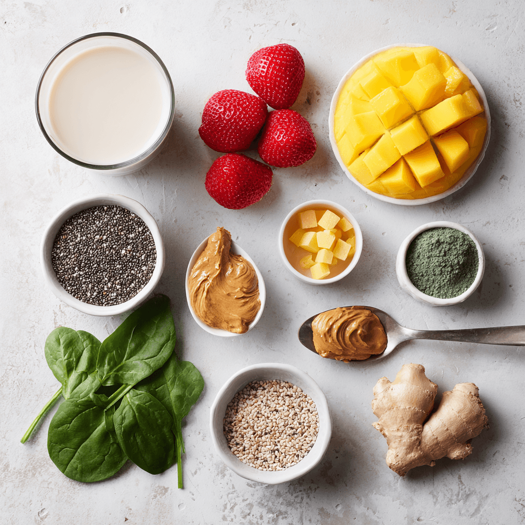Chia Seed Smoothie for Weight Loss That Actually Works 7 Chia seed smoothie ingredients on a white surface