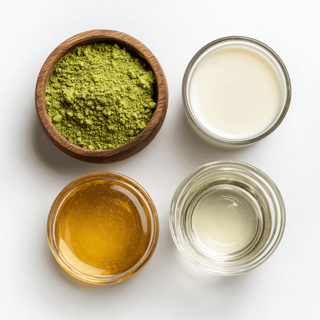 Coconut Matcha Latte – Creamy, Energizing, and Easy to Make 5 coconut matcha latte ingredients on white background