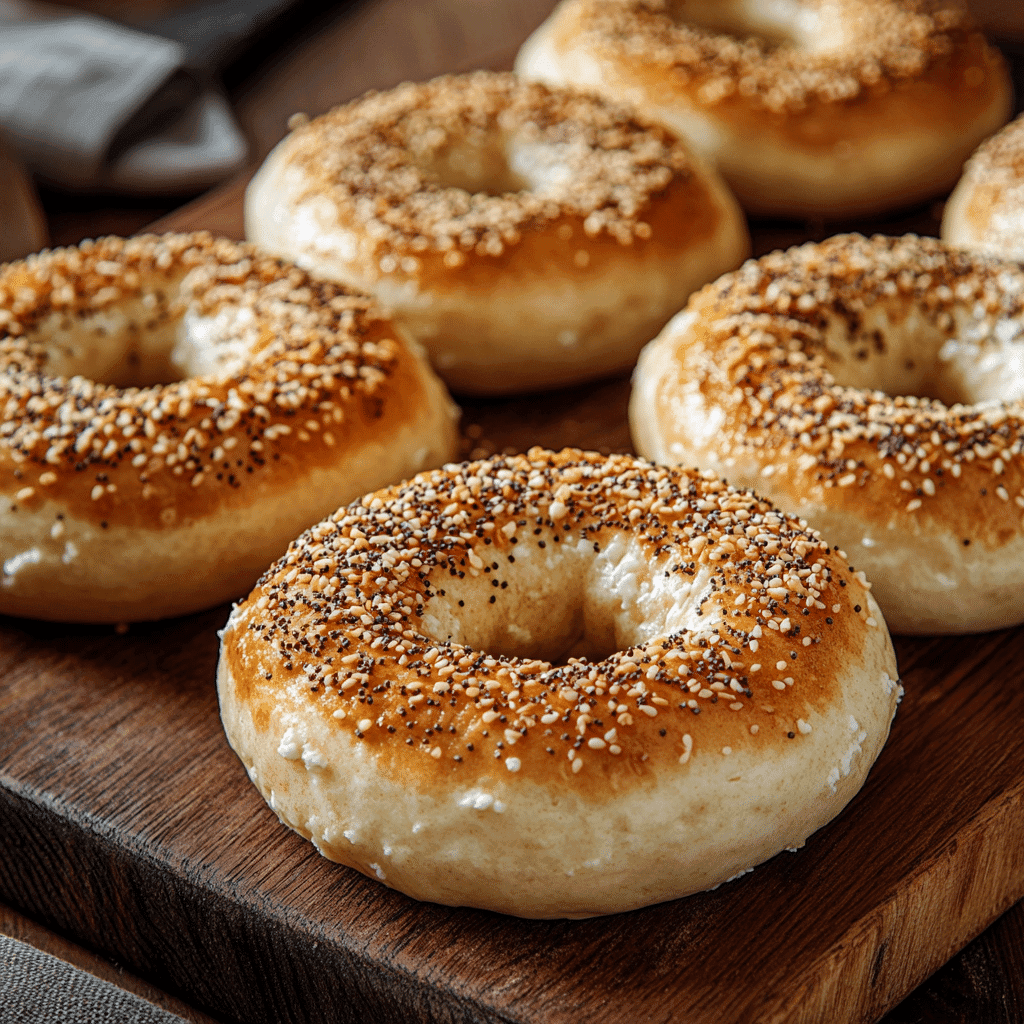 Cottage cheese bagels with sesame and seasoning on board