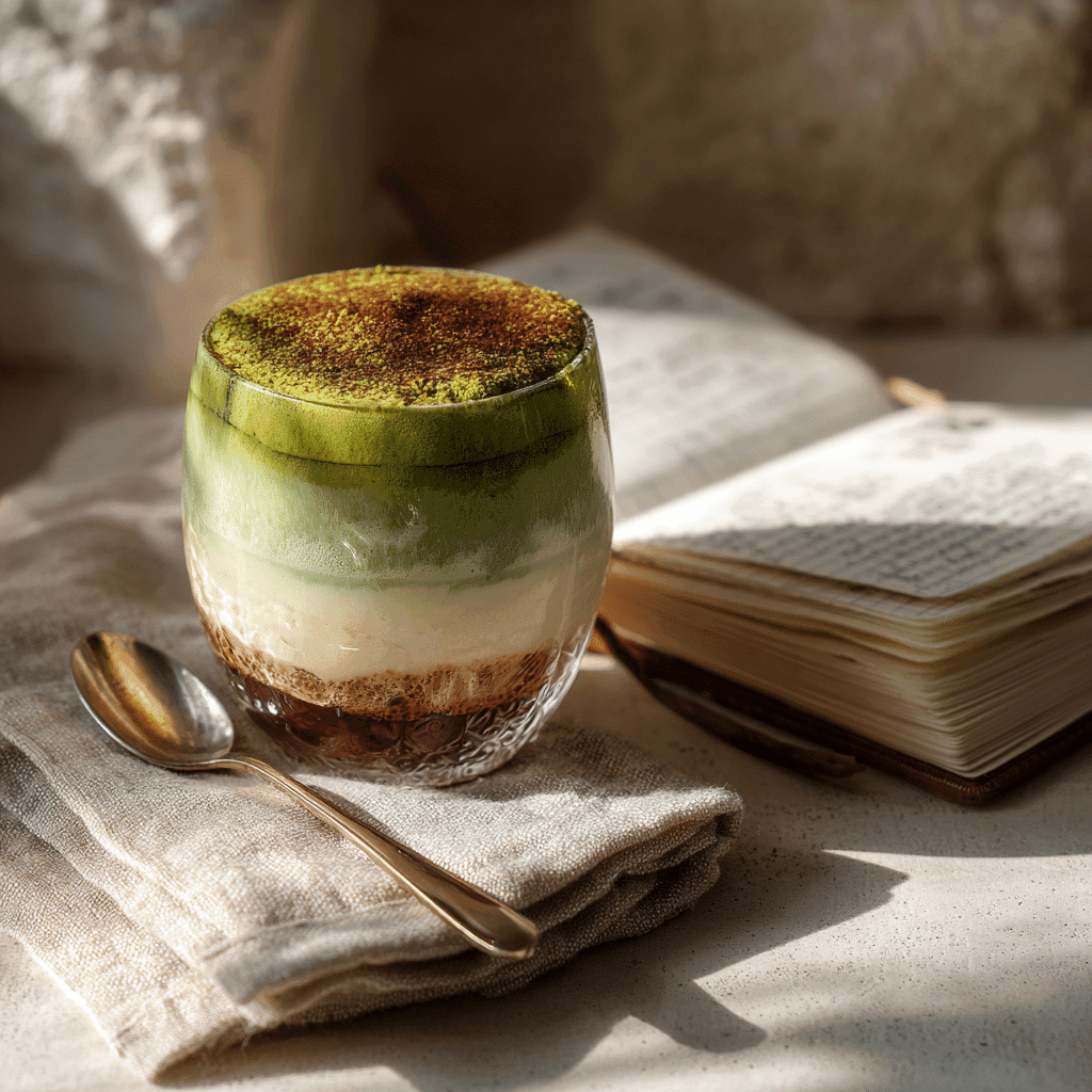 Tiramisu Matcha Latte Recipe: Creamy, No-Bake Layered Dessert 5 Cozy tiramisu matcha latte in a clear glass with visible matcha, mascarpone, and espresso layers