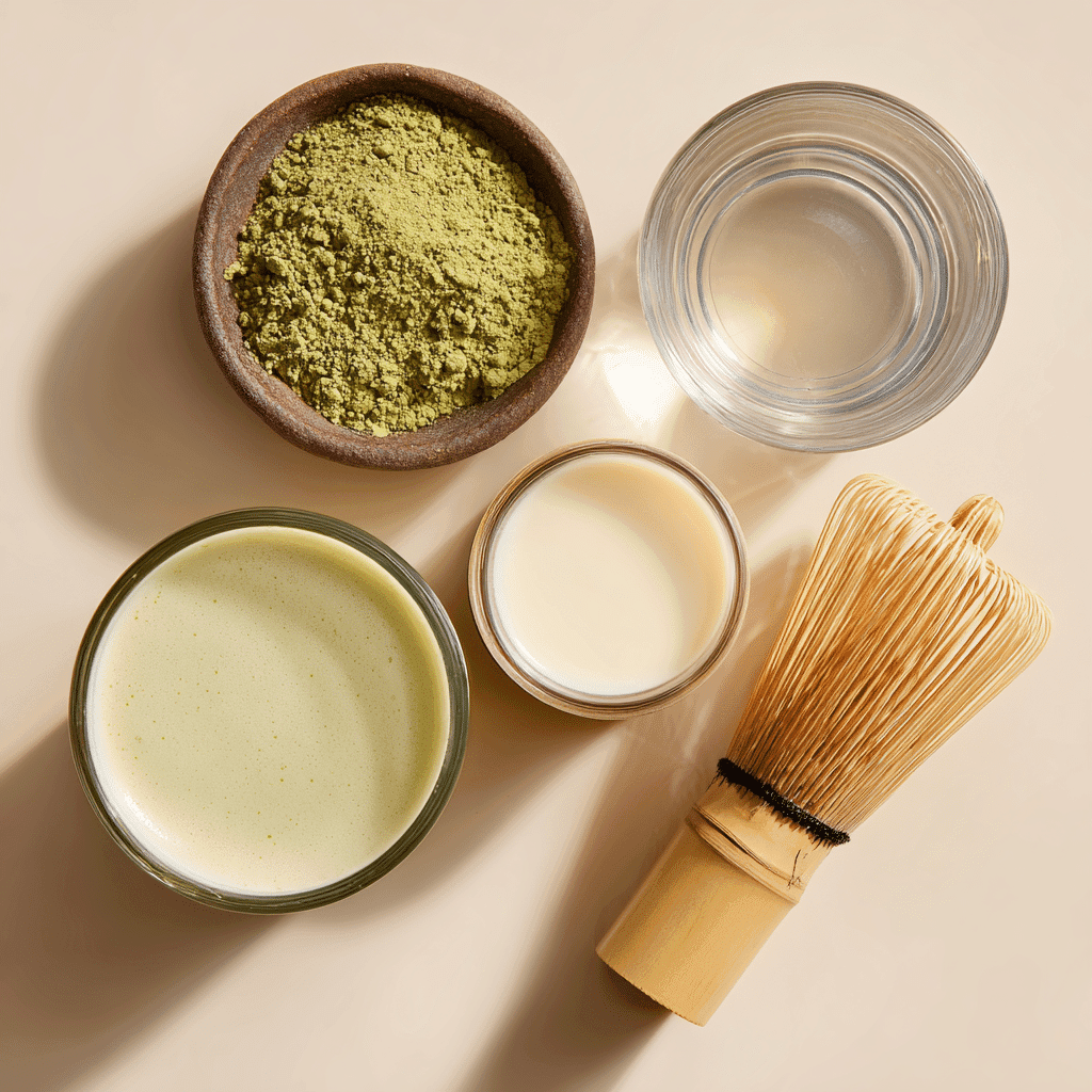 Dairy Free Matcha Latte: Creamy, Vegan, and Easy to Make 5 Ingredients for dairy free matcha latte laid out