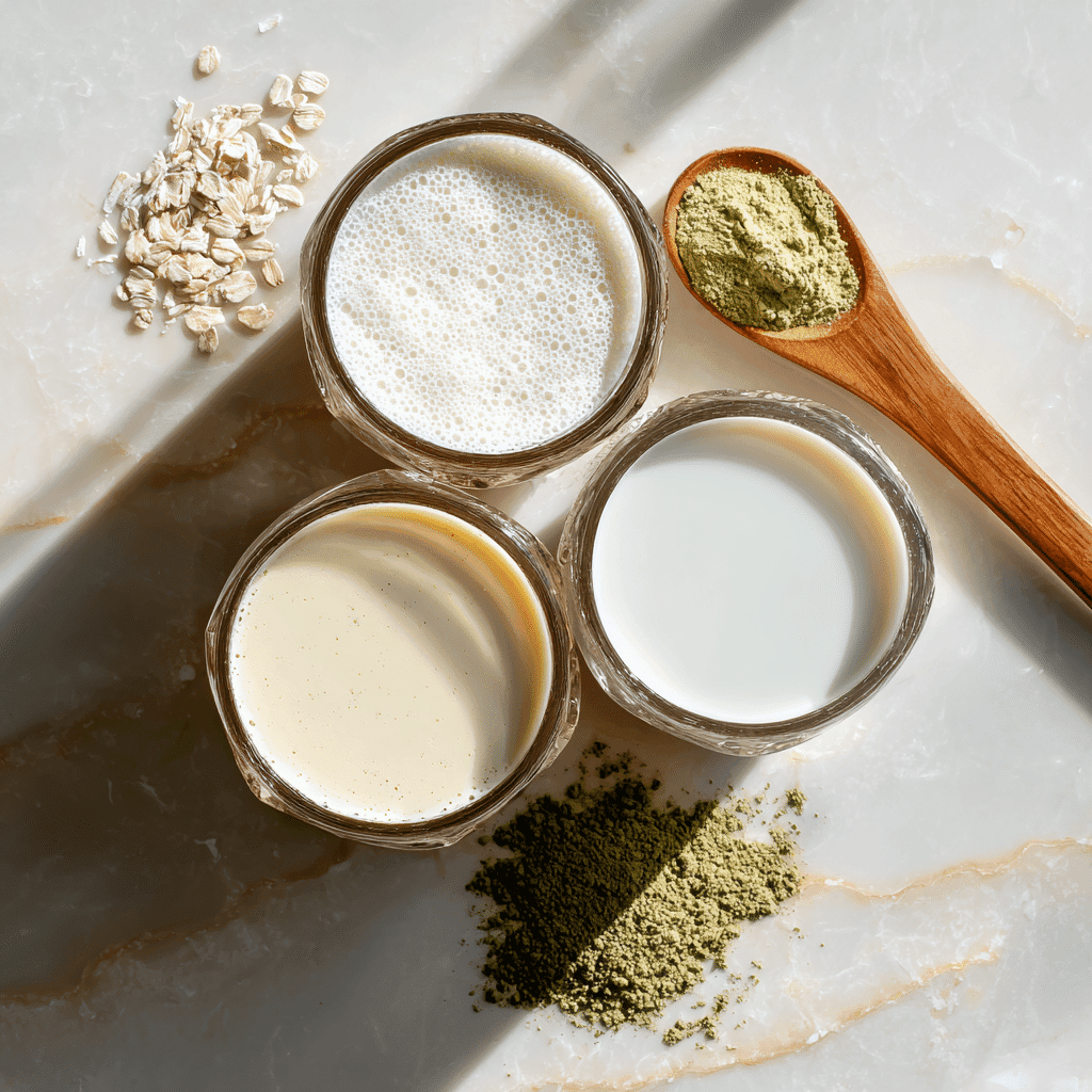 Dairy Free Matcha Latte: Creamy, Vegan, and Easy to Make 6 Coconut, oat, and cashew milks next to matcha powder
