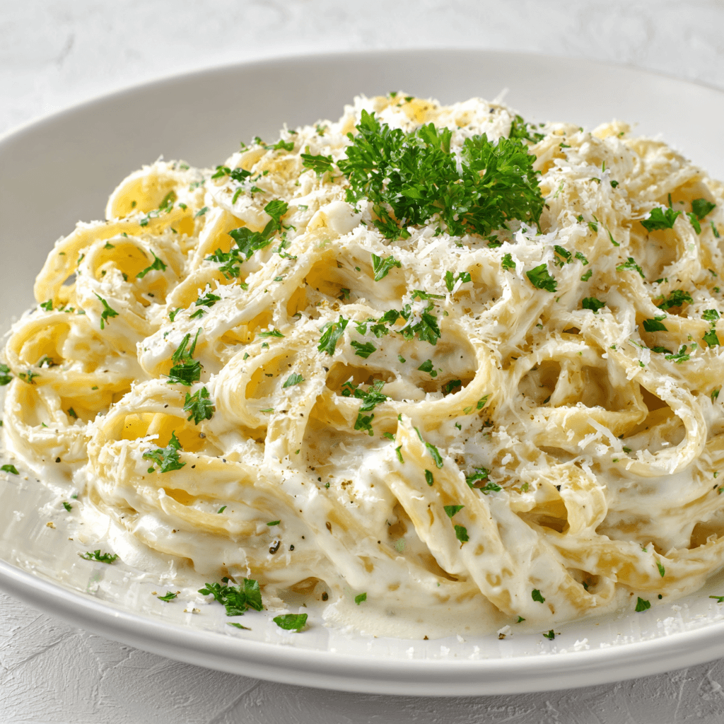 Close-up of creamy garlic parmesan pasta with fettuccine noodles, garnished with parsley and grated cheese on a white plate