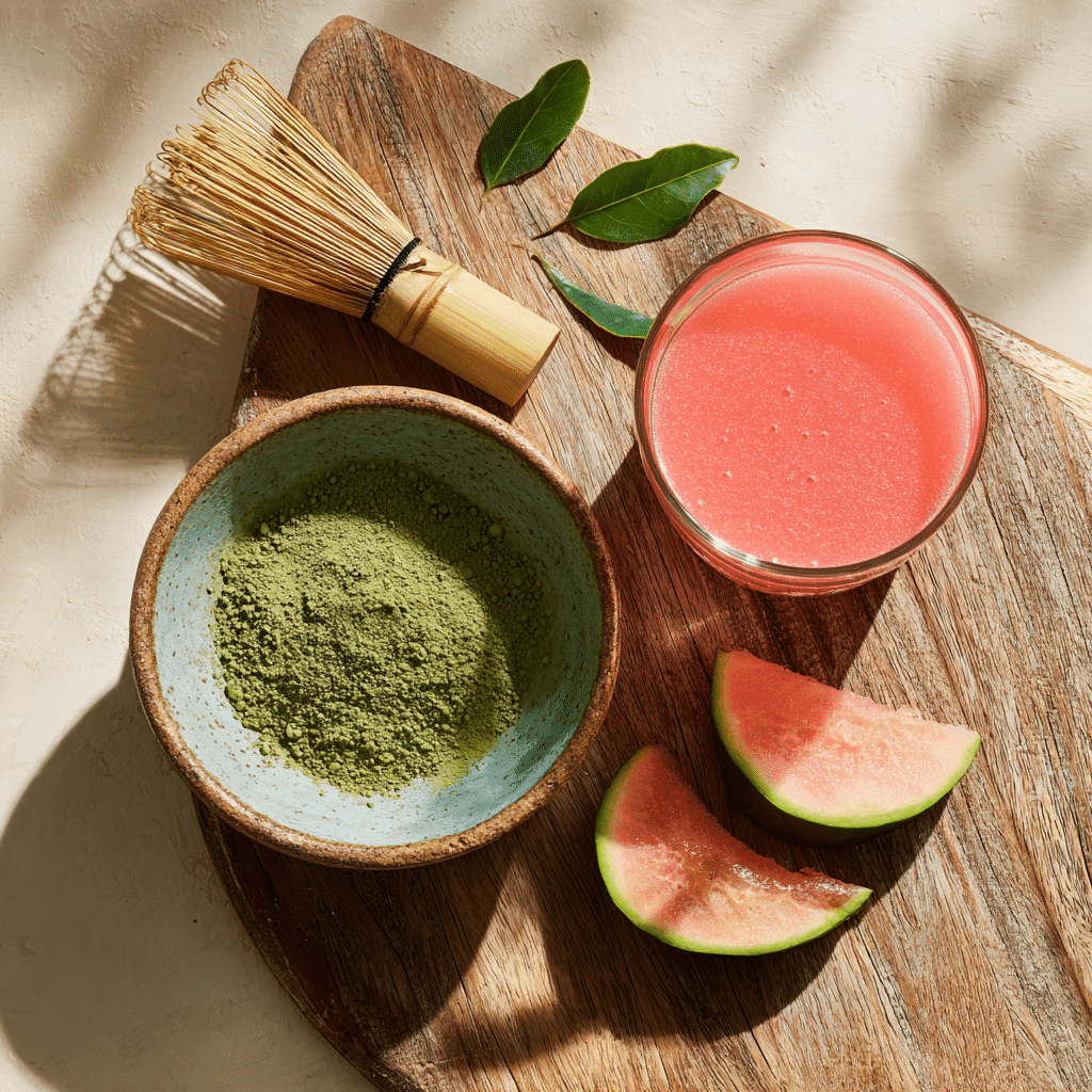 Guava Matcha Latte Recipe: Bright, Bold & Naturally Refreshing 3 Matcha powder and guava juice side by side on a wooden table