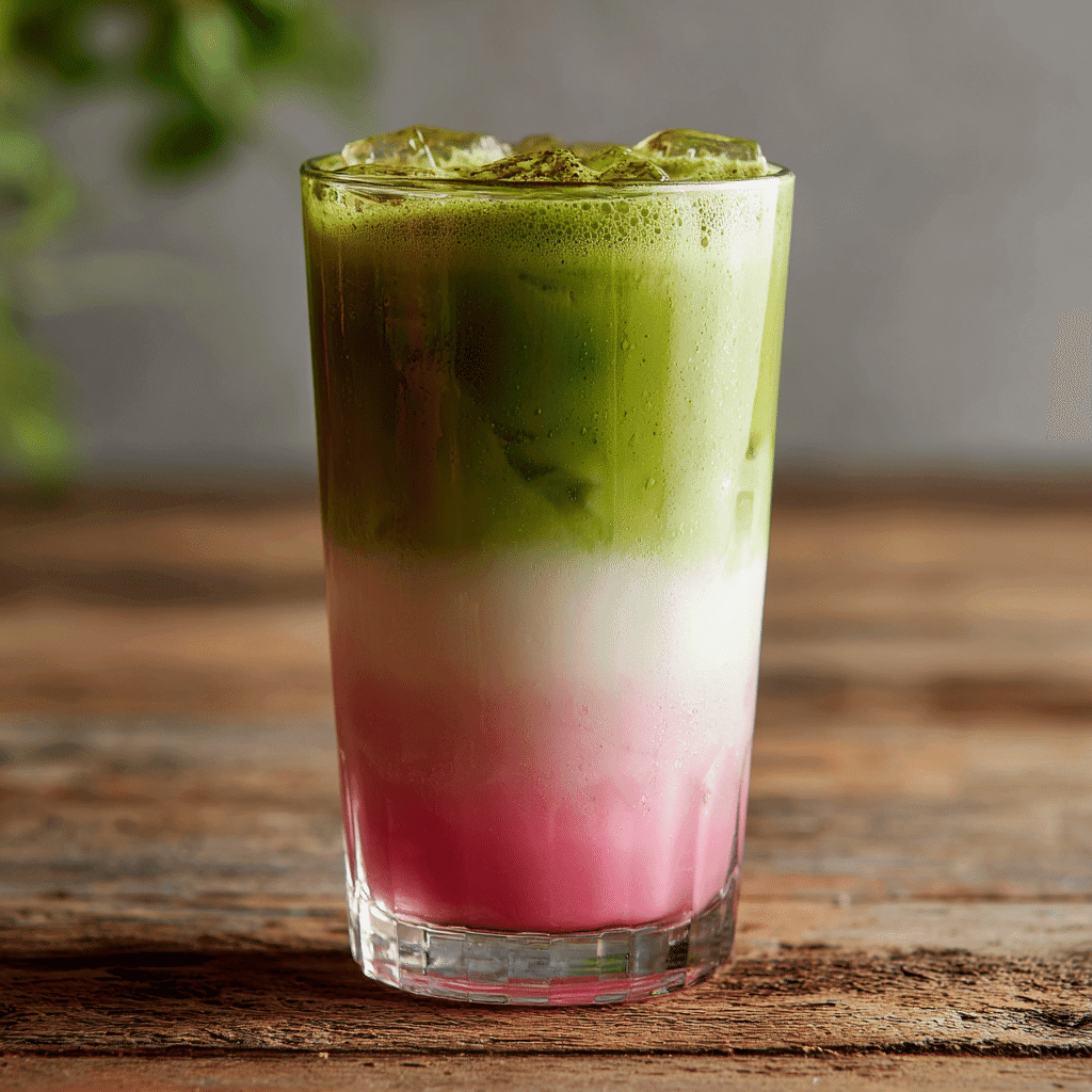 Guava Matcha Latte Recipe: Bright, Bold & Naturally Refreshing 1 Guava matcha latte in a clear glass with colorful layers