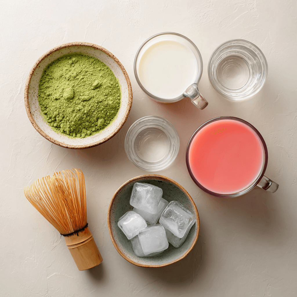 Guava Matcha Latte Recipe: Bright, Bold & Naturally Refreshing 5 Ingredients for guava matcha latte arranged in a flat lay