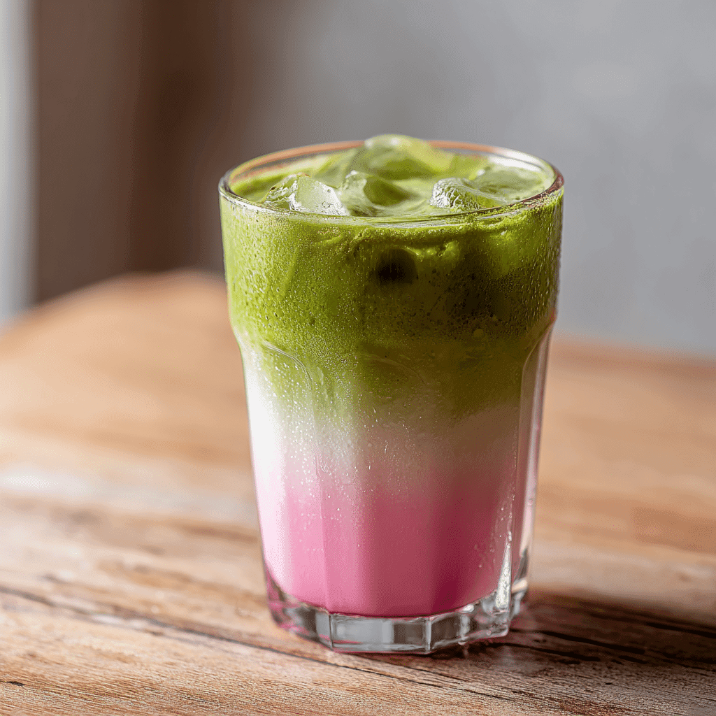 Guava Matcha Latte Recipe: Bright, Bold & Naturally Refreshing 6 Close-up of a layered guava matcha latte in a clear glass, with vibrant green matcha over pink guava juice and milk, served on ice — healthy and refreshing!
