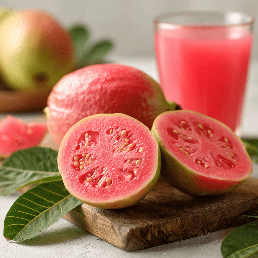 Guava Matcha Latte Recipe: Bright, Bold & Naturally Refreshing 4 Fresh sliced pink guava showing vibrant flesh and seeds
