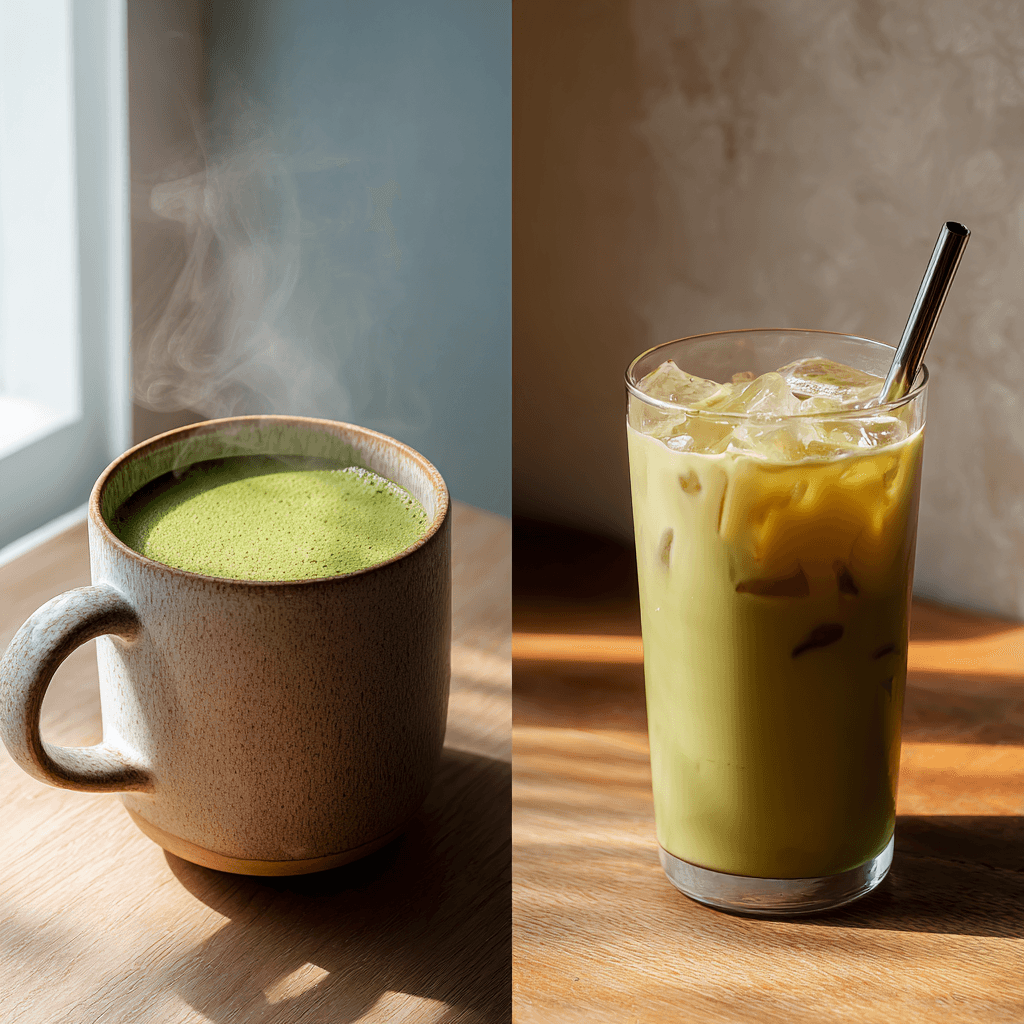 Dairy Free Matcha Latte: Creamy, Vegan, and Easy to Make 7 Hot and iced dairy free matcha lattes side by side