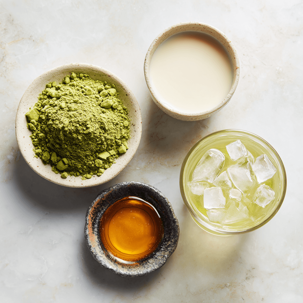 Iced Matcha Latte – Cool, Creamy, and Surprisingly Powerful 6 Ingredients for iced matcha latte laid out neatly on a table