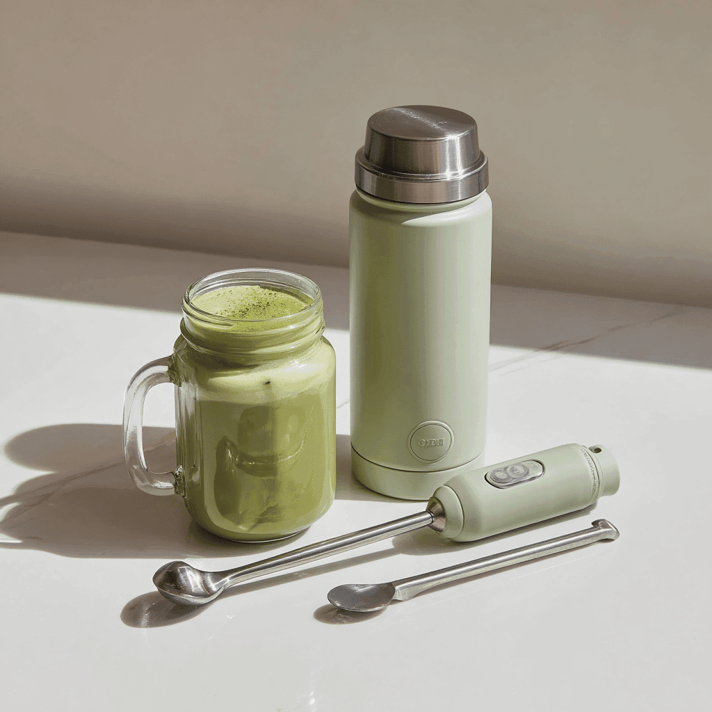 Iced Matcha Latte – Cool, Creamy, and Surprisingly Powerful 7 Jar with lid, milk frother, and shaker bottle used to make iced matcha latte