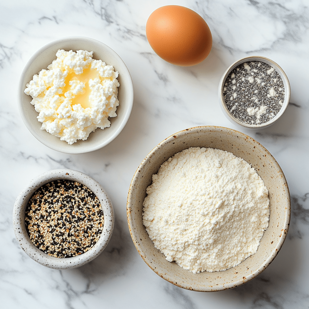 Keto Cottage Cheese Bagels – Soft, Low-Carb & Easy to Make 6 Ingredients for keto cottage cheese bagels on marble