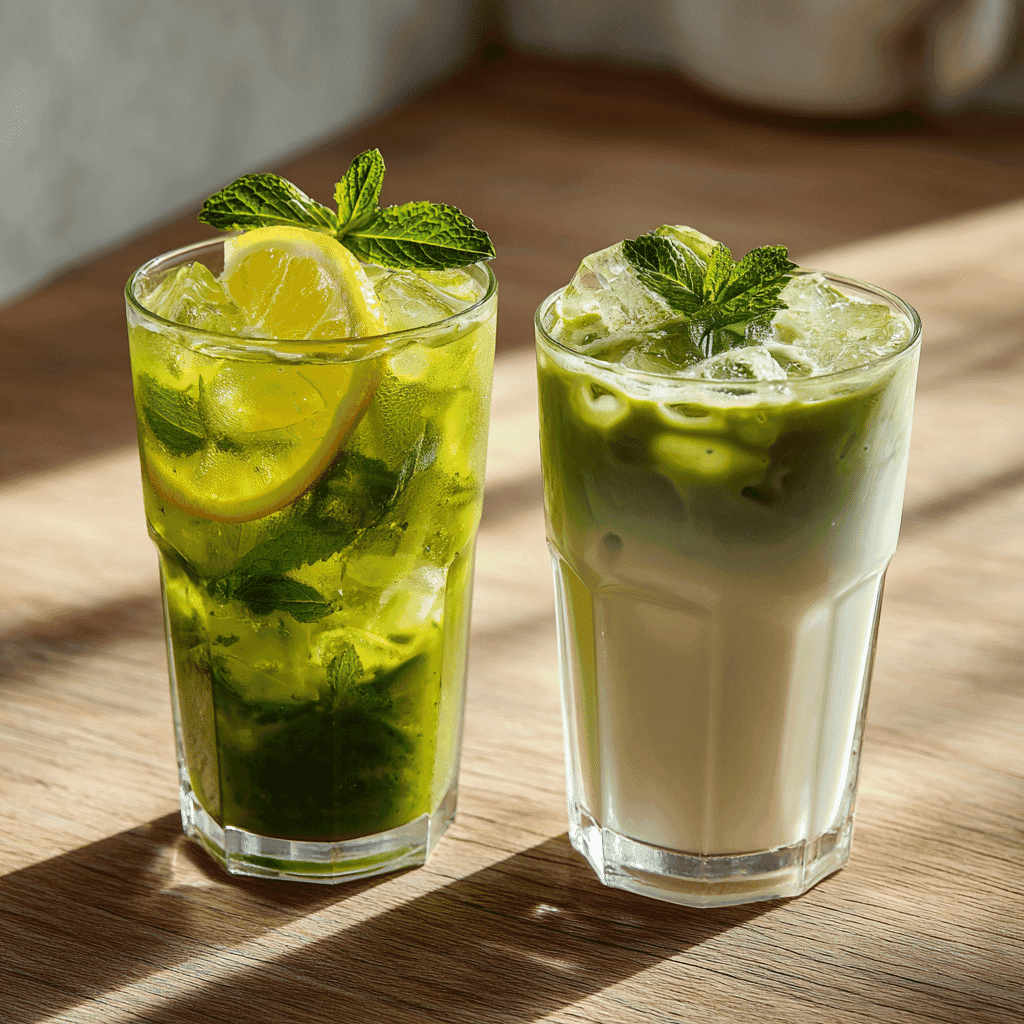 matcha iced tea vs iced matcha latte side by side