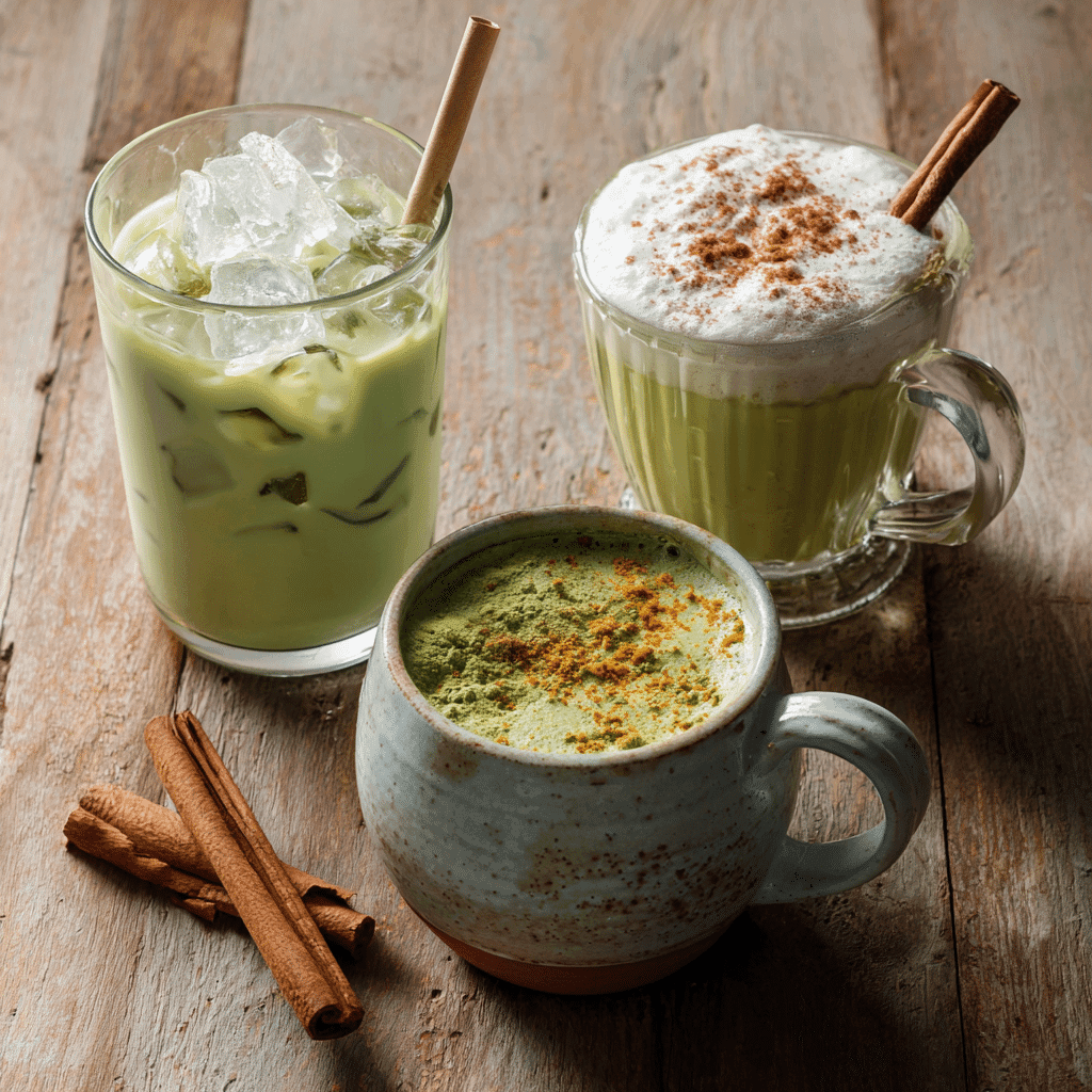 How to Make a Creamy Matcha Latte with Almond Milk 7 Three variations of matcha latte: iced, spiced, and creamy