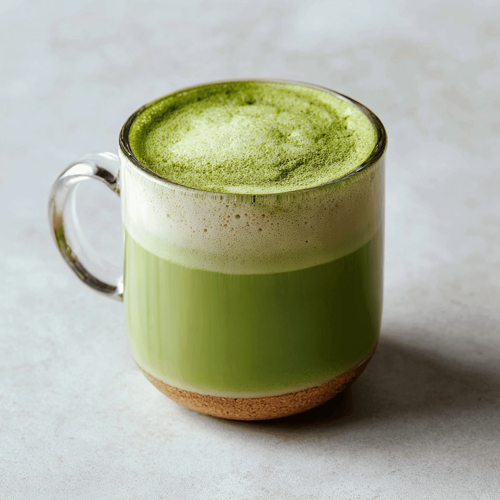 Matcha Latte Recipe Without Whisk – Creamy, Simple & Fast 5 glass mug of frothy matcha latte made without whisk