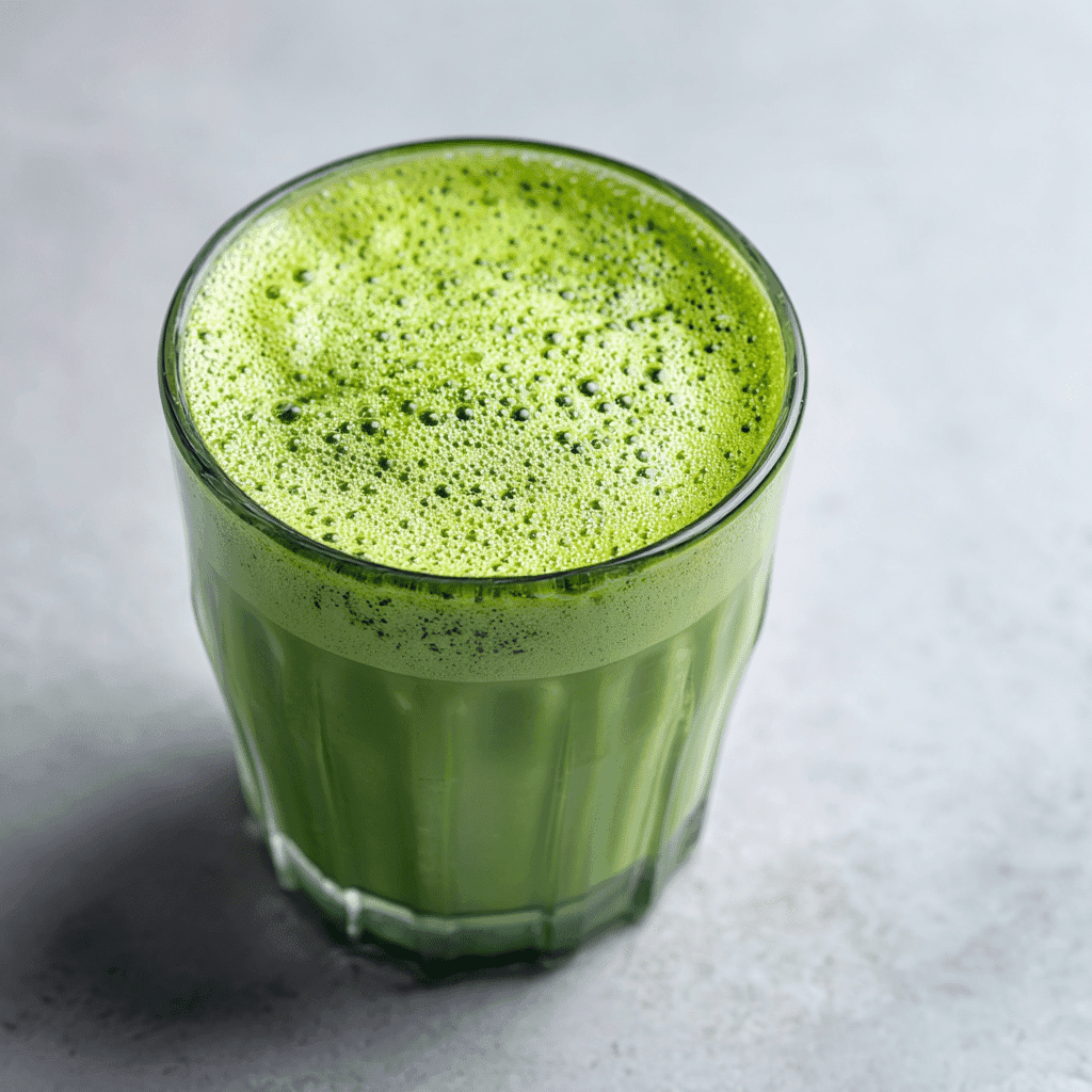Matcha Latte Recipe Without Whisk – Creamy, Simple & Fast 7 frothy matcha latte in a clear glass cup made without whisk