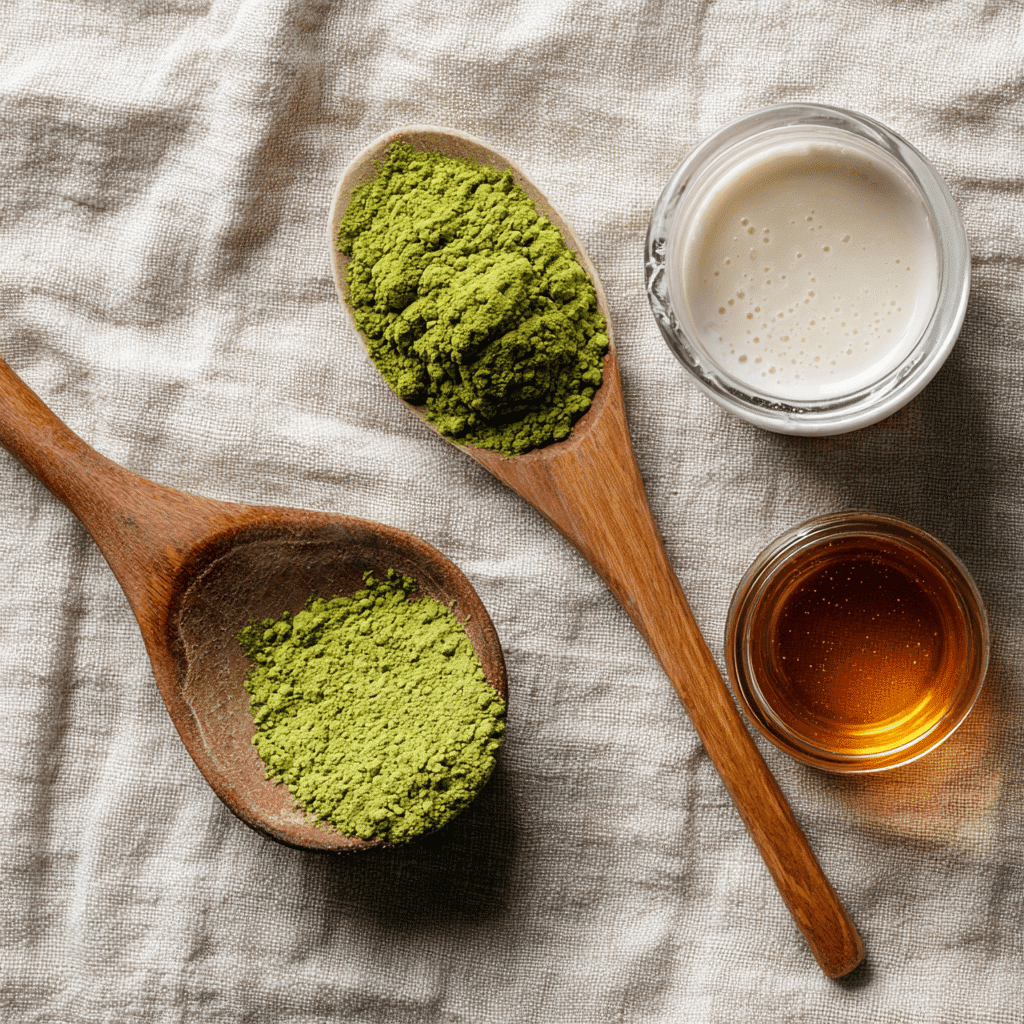 How to Make Matcha Latte at Home – Creamy, Easy & Energizing 6 matcha latte ingredients including matcha powder, coconut milk and sweetener