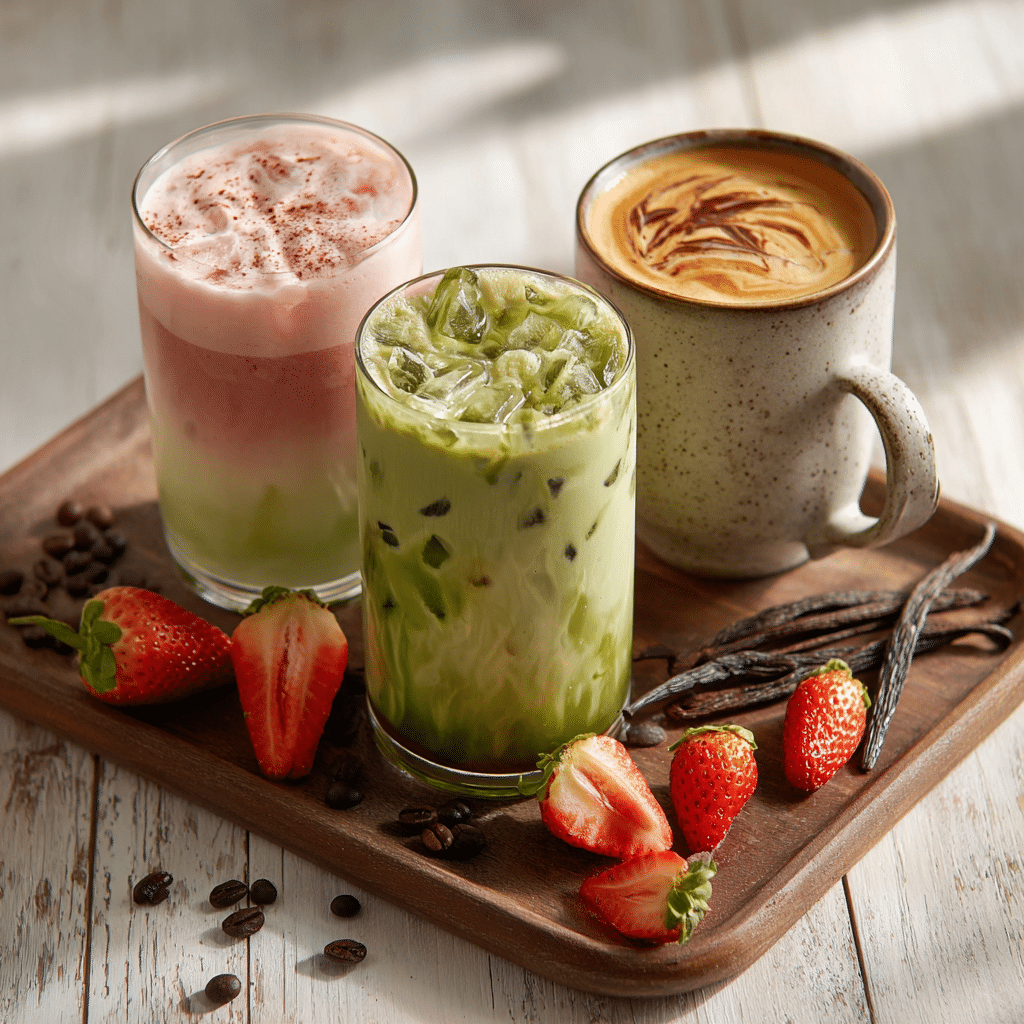 How to Make Matcha Latte at Home – Creamy, Easy & Energizing 9 three matcha latte variations including strawberry, vanilla, and dirty matcha