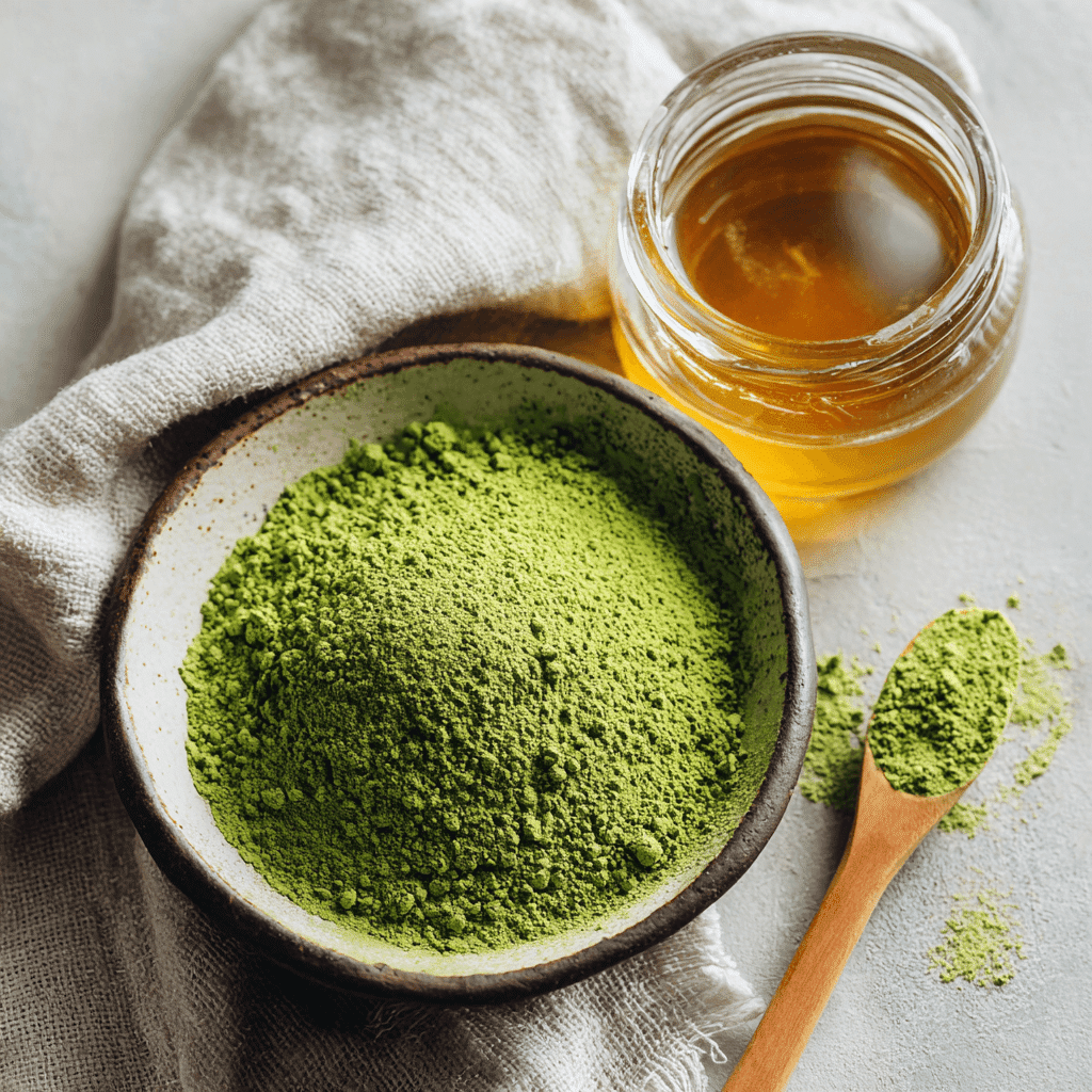 Vanilla Matcha Latte Recipe – Creamy, Clean, and Energizing 5 matcha powder and vanilla extract side by side on linen cloth