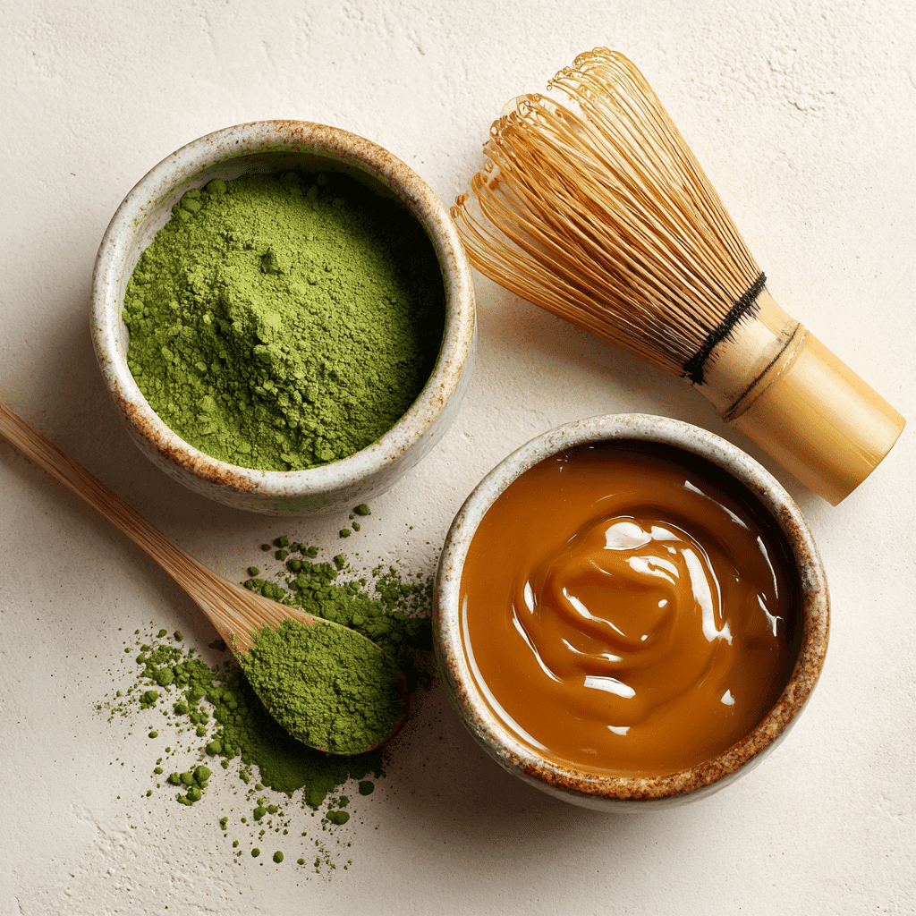 Caramel Matcha Latte: Easy, Creamy Recipe You Can Make at Home 5 Matcha powder and caramel sauce side by side in ceramic bowls