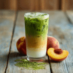 Peach Matcha Latte: Refreshing, Healthy, and Easy to Make 10 Layered iced peach matcha latte in clear glass