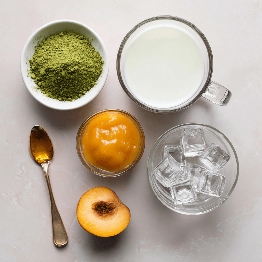 Peach Matcha Latte: Refreshing, Healthy, and Easy to Make 6 Peach matcha latte ingredients flat lay