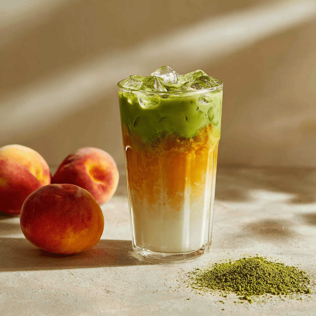 Matcha Latte Recipes That Taste Like Comfort in a Cup 9 peach matcha latte in tall glass with layered colors and fresh peaches