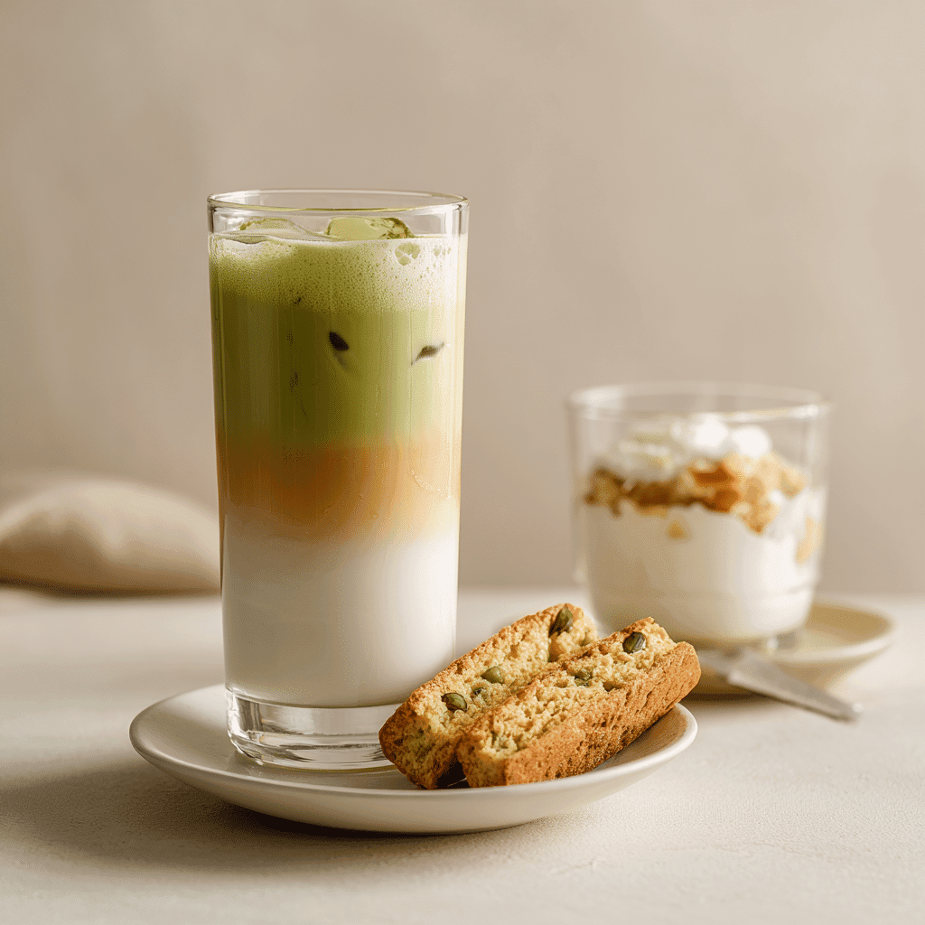 Peach Matcha Latte: Refreshing, Healthy, and Easy to Make 9 Layered peach matcha latte with snacks