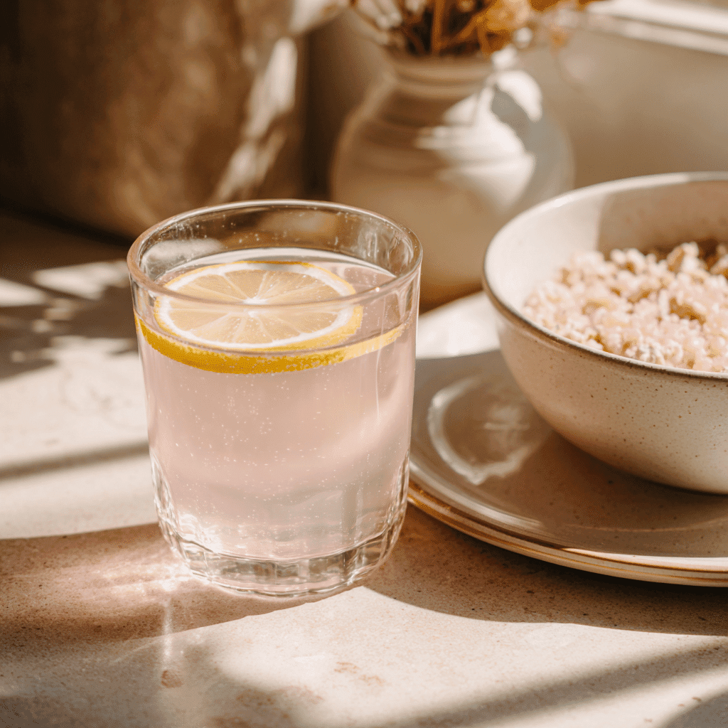 Pink Salt Weight Loss Recipe: Easy 3-Ingredient Morning Detox 7 Pink salt lemon water and healthy breakfast in morning light