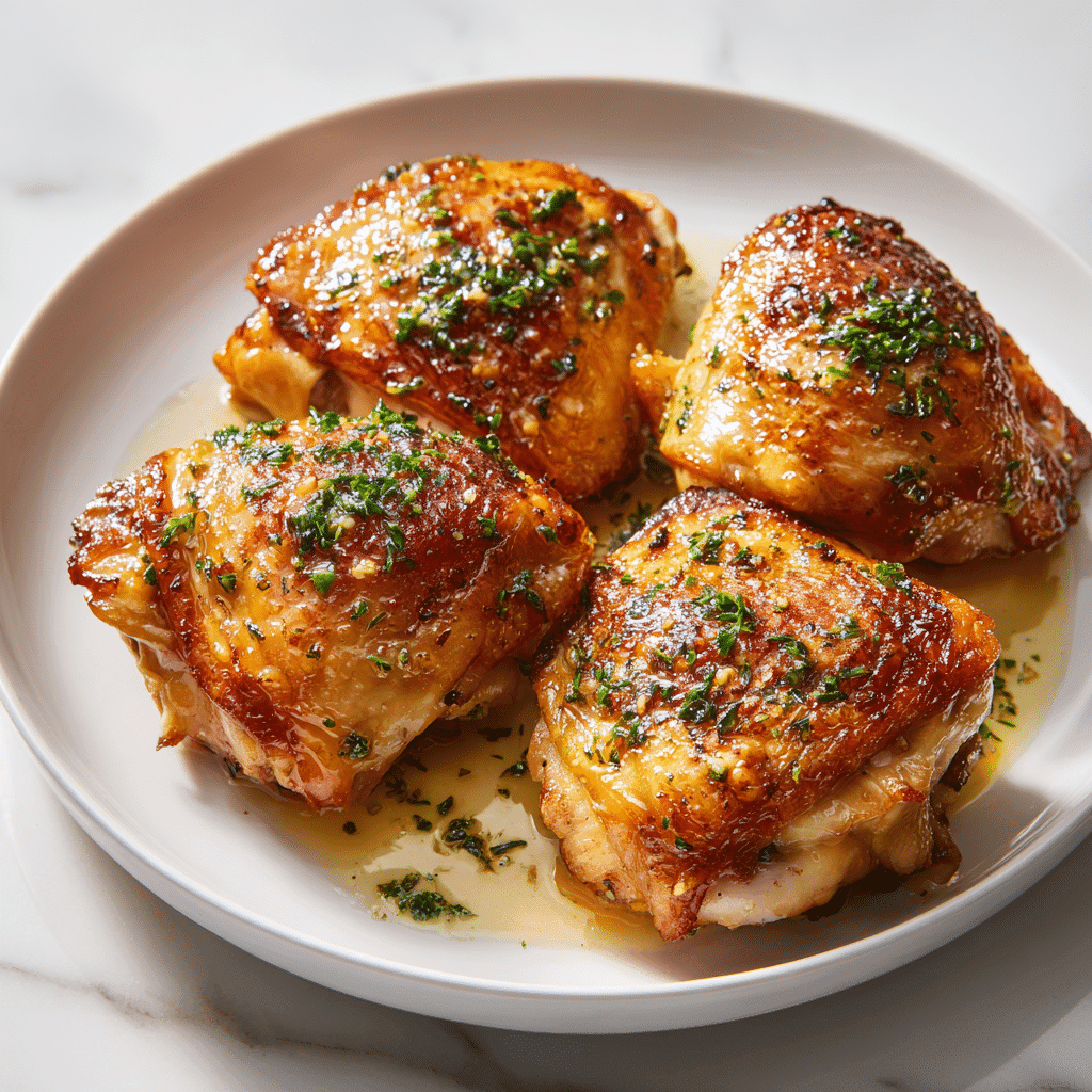 Close-up of juicy roasted chicken thighs served on a white plate with garnish