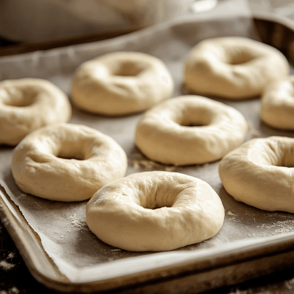 Keto Cottage Cheese Bagels – Soft, Low-Carb & Easy to Make 7 Shaped raw keto cottage cheese bagels on baking sheet