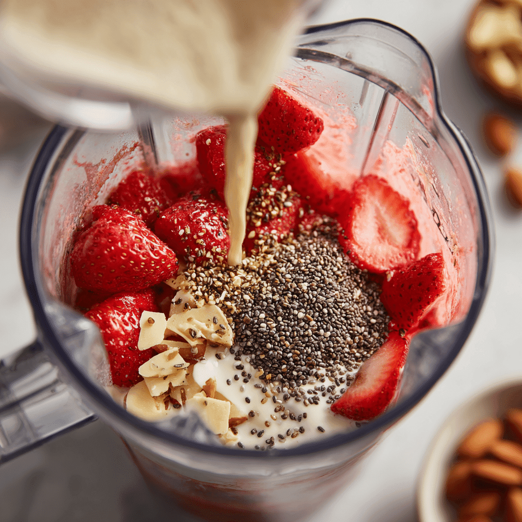 Strawberry Chia Seed Smoothie: Healthy, Refreshing & Easy to Make 8 Blender filled with ingredients for strawberry chia seed smoothie