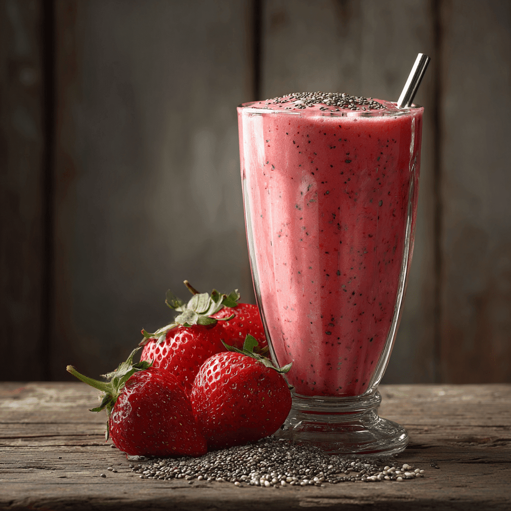 Strawberry Chia Seed Smoothie: Healthy, Refreshing & Easy to Make 1 Strawberry chia seed smoothie in glass with fresh ingredients