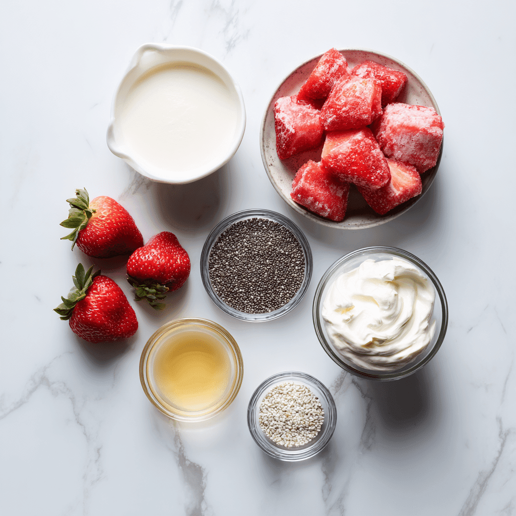 Strawberry Chia Seed Smoothie: Healthy, Refreshing & Easy to Make 7 Ingredients for strawberry chia seed smoothie laid out