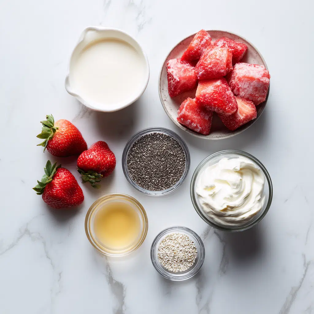 Strawberry Chia Seed Smoothie: Healthy, Refreshing & Easy to Make 7 Ingredients for strawberry chia seed smoothie laid out