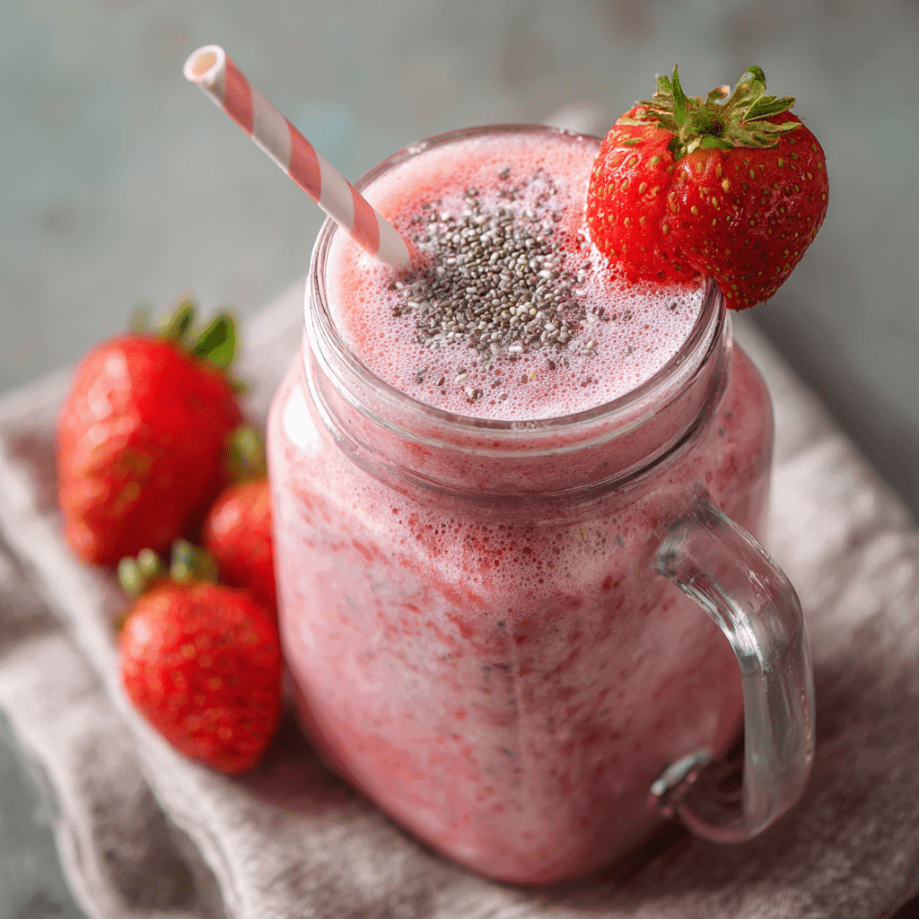 Strawberry Chia Seed Smoothie: Healthy, Refreshing & Easy to Make 10 Served strawberry chia seed smoothie in jar with garnish